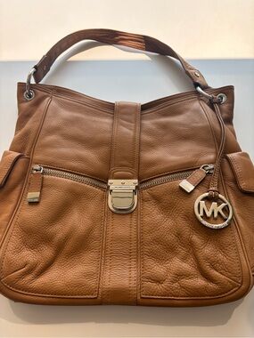 Michael Kors Cognac Pebbled Leather Shoulder Bag with MK Charm